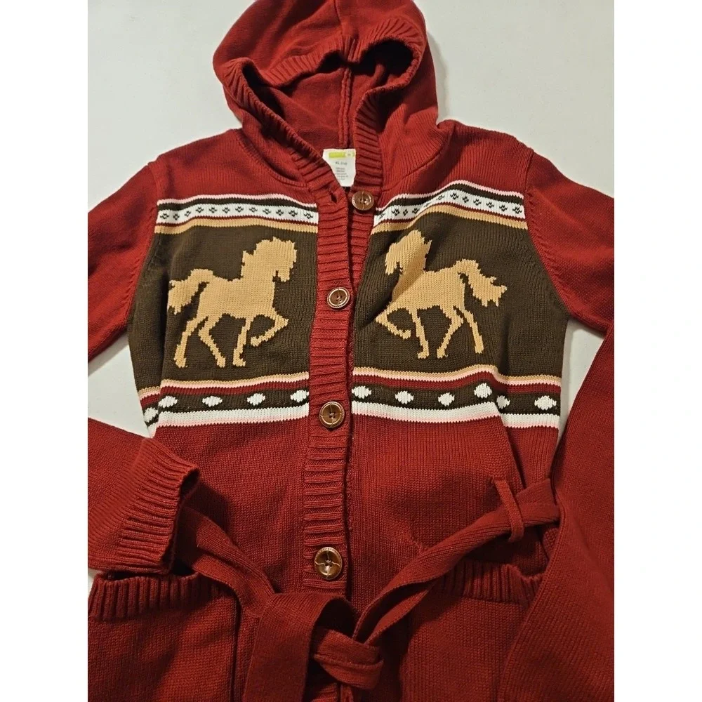 Men's Hooded Button-Front Sweater with Horse Motif — Red - Picture 3 of 6